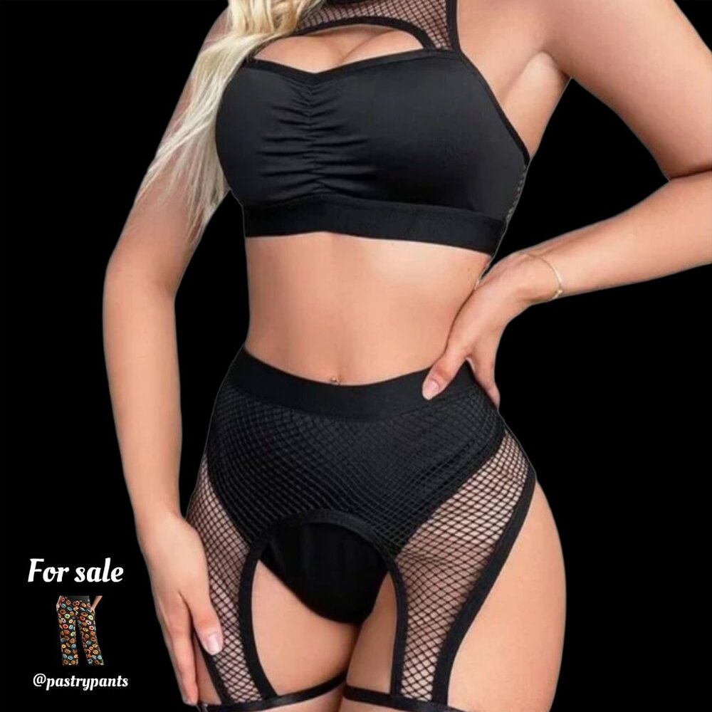 2 piece fishnet festival rave bra and high waisted thong set with leg straps S